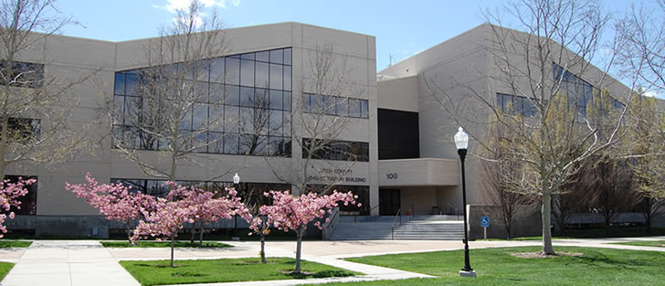 Utah County Administration Building Photo with spring foilage on trees